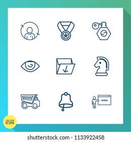 Modern, simple vector icon set on gradient background with reward, garbage, management, trophy, pump, internet, horse, rubbish, report, bottle, ring, bell, dump, web, eye, tipper, win, strategy icons