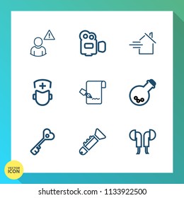 Modern, simple vector icon set on gradient background with headset, sign, equipment, video, security, trumpet, technology, list, laboratory, internet, musical, jazz, online, professional, film icons