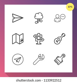 Modern, simple vector icon set on gradient background with paintbrush, connection, spanner, doorknob, send, earth, planet, equipment, avatar, door, brush, communication, tool, message, hanger icons