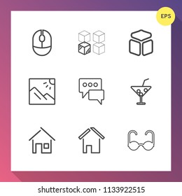 Modern, simple vector icon set on gradient background with house, people, chat, sun, speech, input, adult, summer, glass, drink, juice, fashion, package, message, moving, button, cube, travel icons