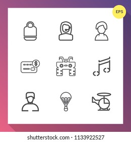 Modern, simple vector icon set on gradient background with fashion, quad, object, female, transportation, parachuting, atv, bank, internet, travel, business, transport, helicopter, background icons