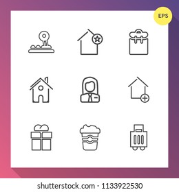 Modern, simple vector icon set on gradient background with airport, box, present, employer, house, person, one, phone, travel, button, employee, job, business, mobile, passenger, technology, bag icons
