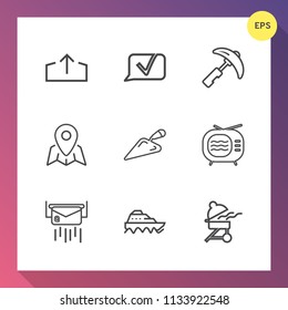 Modern, simple vector icon set on gradient background with boat, barbecue, message, video, television, meat, pin, envelope, bbq, shovel, transport, navigation, chat, upload, location, industry icons