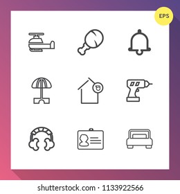 Modern, simple vector icon set on gradient background with parasol, summer, work, landlord, music, chopper, transportation, document, notification, name, flight, air, identity, sound, chicken icons
