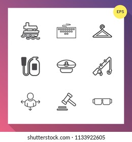Modern, simple vector icon set on gradient background with navy, emergency, direction, sign, legal, law, travel, keyboard, safety, lawyer, glasses, captain, fashion, equipment, sailor, ocean icons