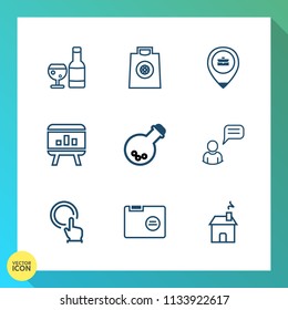 Modern, simple vector icon set on gradient background with house, medicine, finger, restaurant, fashion, file, business, wine, sale, home, office, glass, laboratory, alcohol, infographic, estate icons