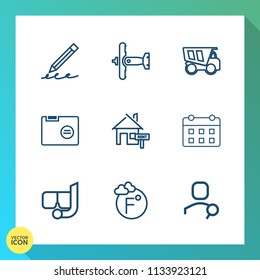 Modern, simple vector icon set on gradient background with search, blank, sea, scale, calendar, hand, office, account, tipper, internet, white, web, thermometer, mask, plane, vehicle, war, file icons