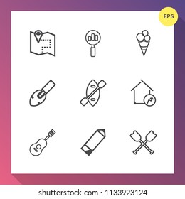 Modern, simple vector icon set on gradient background with magnifying, pencil, boat, sound, ice, magnifier, pen, search, shovel, white, home, real, sweet, concert, vanilla, canoe, navigation icons
