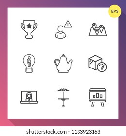 Modern, simple vector icon set on gradient background with hot, bar, online, concept, social, win, technology, profile, place, cafe, first, road, location, weight, idea, winner, light, box, web icons