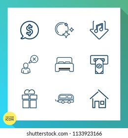 Modern, simple vector icon set on gradient background with giftbox, machine, travel, furniture, estate, frame, internet, present, gift, online, night, moon, bed, bus, transport, double, label icons