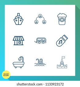 Modern, simple vector icon set on gradient background with vehicle, home, team, house, corporate, sound, transport, travel, bus, cafe, architecture, ship, water, storage, hierarchy, pool, mug icons
