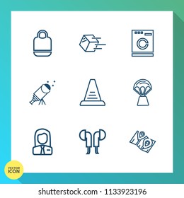 Modern, simple vector icon set on gradient background with sound, housework, job, sky, ladder, business, washer, star, merchandise, white, technology, headset, audio, up, fashion, package, pin icons