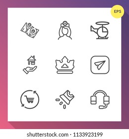 Modern, simple vector icon set on gradient background with projection, call, shop, retail, house, cart, doctor, air, trolley, crown, navigation, message, property, rent, map, estate, royal, road icons