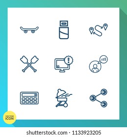Modern, simple vector icon set on gradient background with extreme, calculator, device, board, warning, cooking, skateboarder, share, sign, network, freelance, meat, destination, button, boat icons