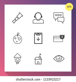 Modern, simple vector icon set on gradient background with wooden, house, planet, cash, center, science, watching, galaxy, message, headset, operator, support, moon, speech, bubble, team, body icons