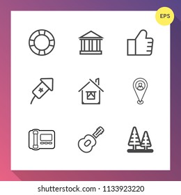 Modern, simple vector icon set on gradient background with office, landscape, business, map, concept, musical, forest, white, pin, sky, ring, tourism, stationary, swim, background, search, event icons