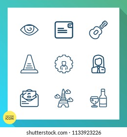 Modern, simple vector icon set on gradient background with guitar, people, purse, hand, musical, eiffel, human, employer, body, mouth, modern, glass, cash, internet, nose, wine, step, person, up icons