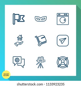 Modern, simple vector icon set on gradient background with internet, luggage, movie, house, chat, celebration, web, party, equipment, nation, masquerade, laundry, home, email, video, message icons