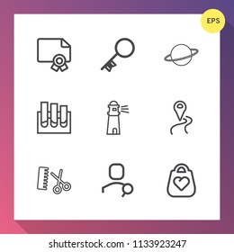 Modern, simple vector icon set on gradient background with object, bag, key, navigation, medicine, internet, leather, hair, security, fashion, search, hairdresser, lighthouse, orbit, document icons