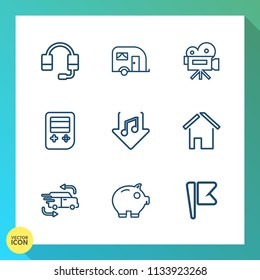 Modern, simple vector icon set on gradient background with video, web, support, america, headset, transportation, vehicle, movie, bank, button, car, communication, traffic, cash, tripod, nation icons