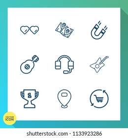 Modern, simple vector icon set on gradient background with achievement, science, field, sun, concert, rock, call, location, education, sign, first, magnet, shop, fashion, travel, pin, south, map icons