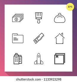 Modern, simple vector icon set on gradient background with real, web, file, saw, element, office, architecture, accessory, modern, travel, house, paper, style, science, leather, building, cash icons