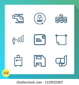Modern, simple vector icon set on gradient background with purse, security, helicopter, sea, bag, fly, dollar, diskette, mask, computer, money, summer, protection, sky, flight, paper, air, lock icons