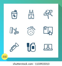 Modern, simple vector icon set on gradient background with jacket, video, trumpet, party, ice, technology, uniform, tropical, communication, cocktail, book, emergency, glass, summer, planet, ufo icons