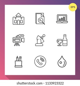 Modern, simple vector icon set on gradient background with palace, glass, phone, chart, tool, wine, alcohol, education, zoom, fantasy, video, graphic, earth, medieval, abstract, computer, liquid icons