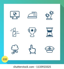 Modern, simple vector icon set on gradient background with sailor, palm, iron, business, achievement, cloud, hand, template, beauty, banner, fashion, cap, hat, chart, award, time, sand, finger icons