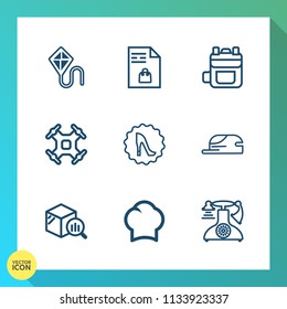 Modern, simple vector icon set on gradient background with fun, phone, supermarket, cook, drone, frame, notebook, finance, list, vintage, chief, kite, grocery, backpack, rucksack, childhood, cap icons