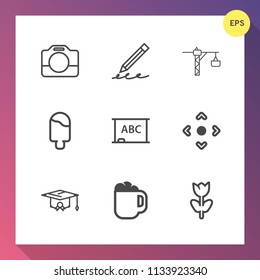 Modern, simple vector icon set on gradient background with construction, hammer, camcorder, drink, blossom, black, professional, arrow, hand, nature, pencil, floral, coffee, cream, chalkboard icons