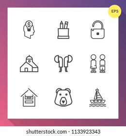 Modern, simple vector icon set on gradient background with idea, business, education, yacht, wild, sound, white, creativity, unlock, drawing, cart, music, food, boy, colorful, construction, bear icons