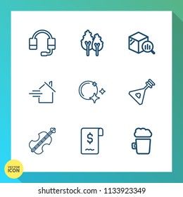 Modern, simple vector icon set on gradient background with statistic, folk, communication, landscape, violoncello, center, pub, tree, sale, microphone, sign, trend, sound, beer, finance, sky icons
