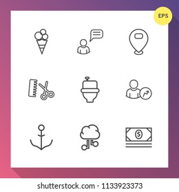 Modern, simple vector icon set on gradient background with technology, ice-cream, sweet, account, salon, network, cream, business, cash, food, message, ice, ship, location, sign, communication icons