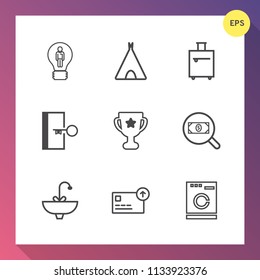Modern, simple vector icon set on gradient background with search, machine, bag, tent, idea, washer, business, success, travel, tourism, door, web, water, laundry, escape, creative, sink, camp icons