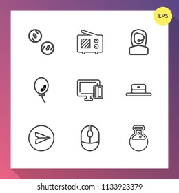 Modern, simple vector icon set on gradient background with device, celebration, coin, customer, cash, medicine, email, tool, message, air, headset, mouse, call, wireless, computer, balloon, hat icons