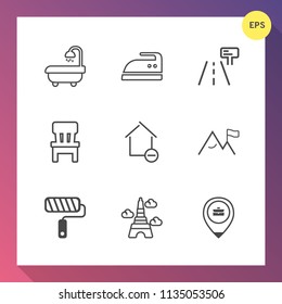 Modern, simple vector icon set on gradient background with house, road, home, style, sign, comfortable, landmark, clothes, location, household, paris, removal, interior, nature, apartment, job icons