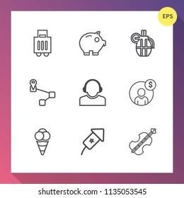Modern, simple vector icon set on gradient background with journey, accounting, team, hand, coin, ice, celebration, location, event, war, baggage, military, sound, bank, business, bag, map, ball icons