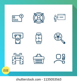 Modern, simple vector icon set on gradient background with find, office, targeting, minute, magnifying, hand, market, task, sale, business, cash, target, bank, currency, finance, search, time icons