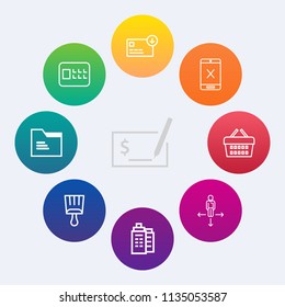 Modern, simple vector icon set on colorful circle backgrounds with office, safety, bag, basket, subscription, white, payment, paper, protection, real, business, connection, brush, hand, cord icons