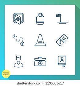 Modern, simple vector icon set on gradient background with concept, safe, contact, bank, avatar, point, office, profile, aid, row, play, human, banking, white, destination, game, up, ocean, step icons