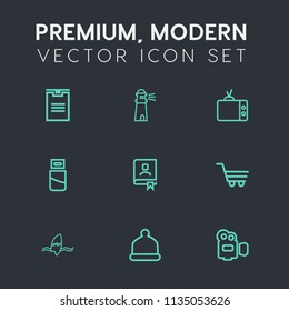 Modern, simple vector icon set on dark grey background with surfer, camera, cart, sea, surf, video, package, surfing, retail, television, box, coast, ocean, book, light, sky, head, cable, office icons