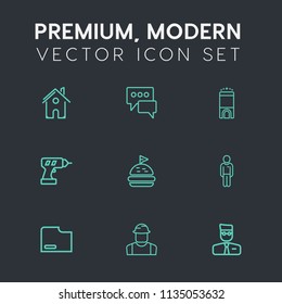 Modern, simple vector icon set on dark grey background with communication, travel, boy, tomato, business, luxury, room, sandwich, web, profile, work, message, sign, bread, construction, hand icons