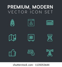 Modern, simple vector icon set on dark grey background with radio, world, bank, web, profile, find, antique, social, calculator, safe, coin, person, security, male, internet, station, music, map icons
