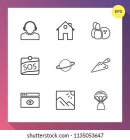Modern, simple vector icon set on gradient background with planet, air, help, balloon, support, bowling, customer, scenery, modern, browser, web, home, landscape, business, computer, shovel, sky icons