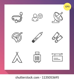 Modern, simple vector icon set on gradient background with vision, airport, snorkeling, summer, adventure, search, website, technology, sign, instrument, business, underwater, dish, music, pen icons