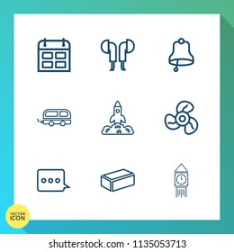 Modern, simple vector icon set on gradient background with technology, big, calendar, timetable, sound, bus, vehicle, equipment, transportation, device, launch, modern, air, bell, ring, sign icons