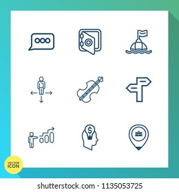 Modern, simple vector icon set on gradient background with personal, road, dialog, sign, cello, progress, safe, float, steel, arrow, development, circle, finance, work, music, protection, growth icons