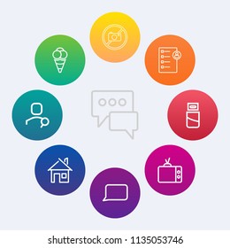 Modern, simple vector icon set on colorful circle backgrounds with house, bubble, search, photo, architecture, account, white, talk, plug, forbidden, camera, cream, business, home, human, cold icons